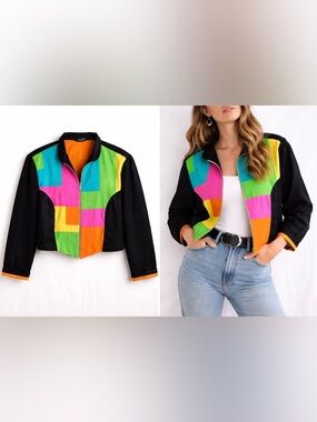 MODI Colorblock Cropped Jacket Black Multicolor L Indie Art Teacher Retro